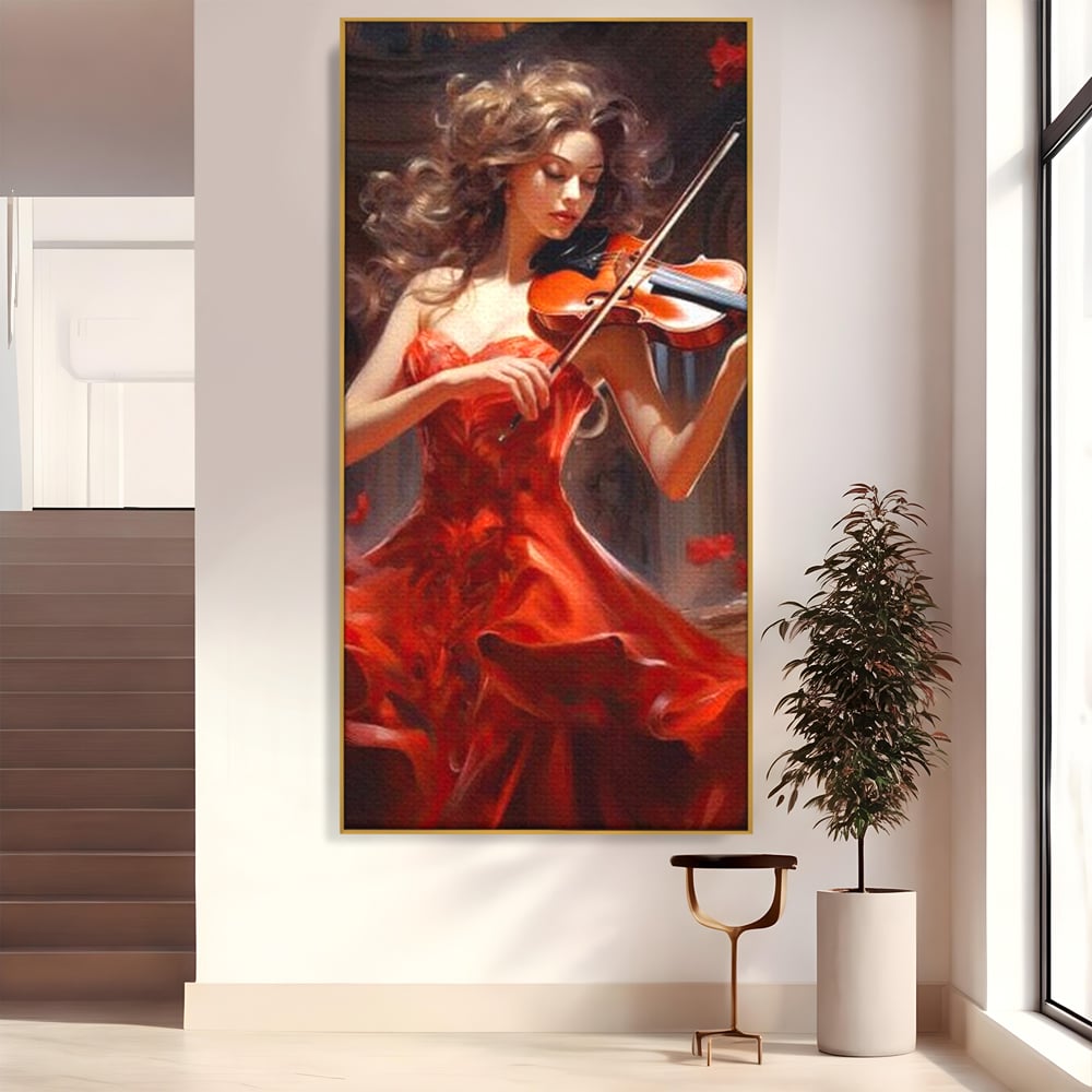 Tablou canvas cu tablou canvas cu femeie violonista, in rama de aluminiu auriu